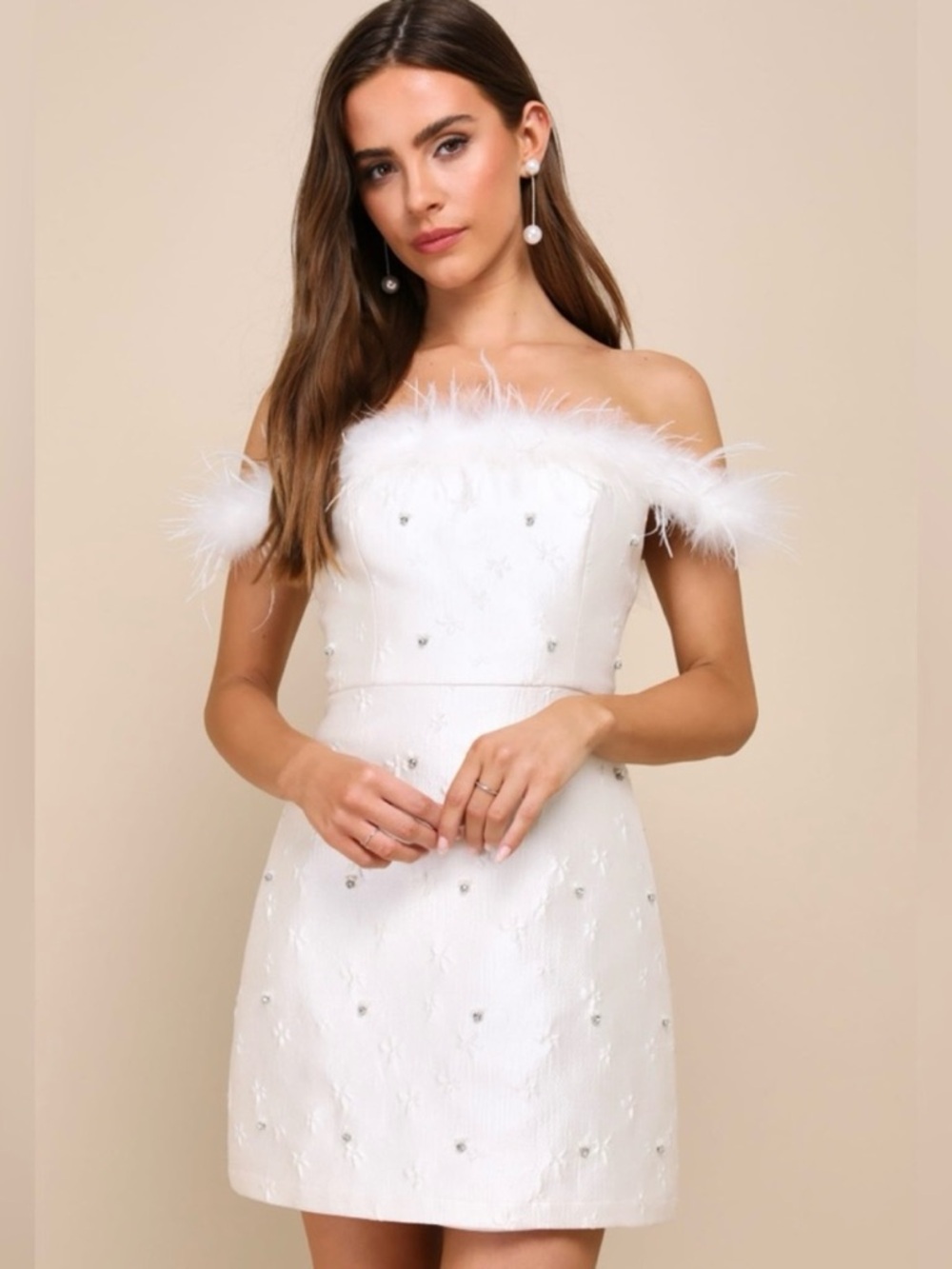 Lulu's Off-Shoulder White Feather Trim Cocktail Dress (XL)